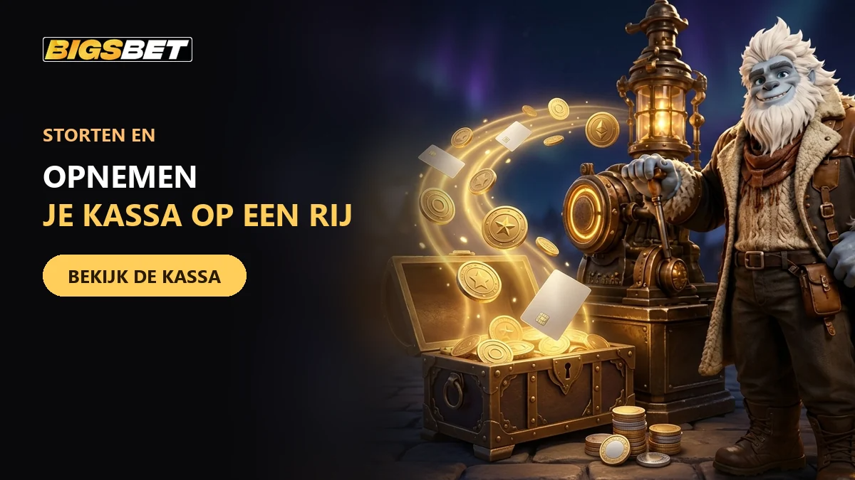 08 biggy de yeti bij een schatkist vol munten voor storten en opnemen bij bigsbet