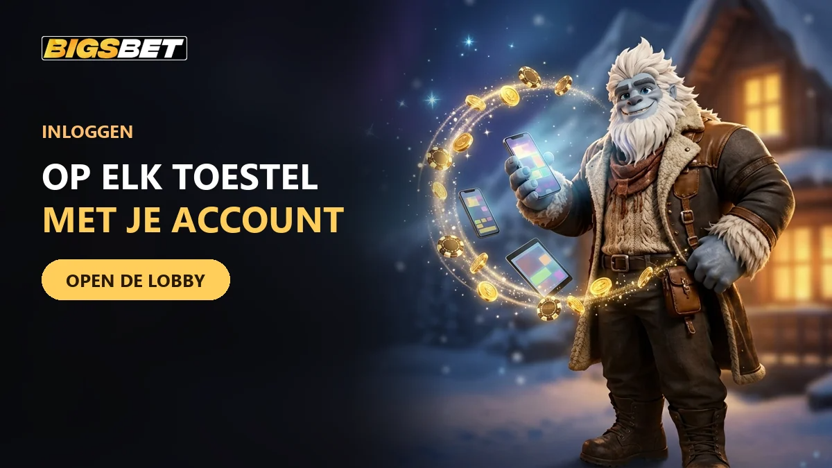 10 biggy de yeti met een smartphone waaruit gouden lichtjes opstijgen voor inloggen bij bigsbet